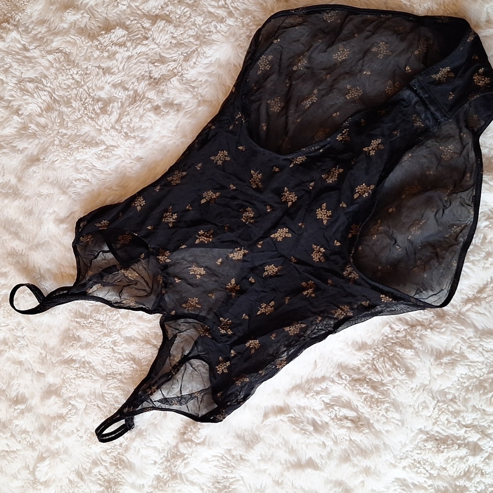 Pre-owned Sexy Mesh Black & Tan Floral Body Suite Unknown Brand XS